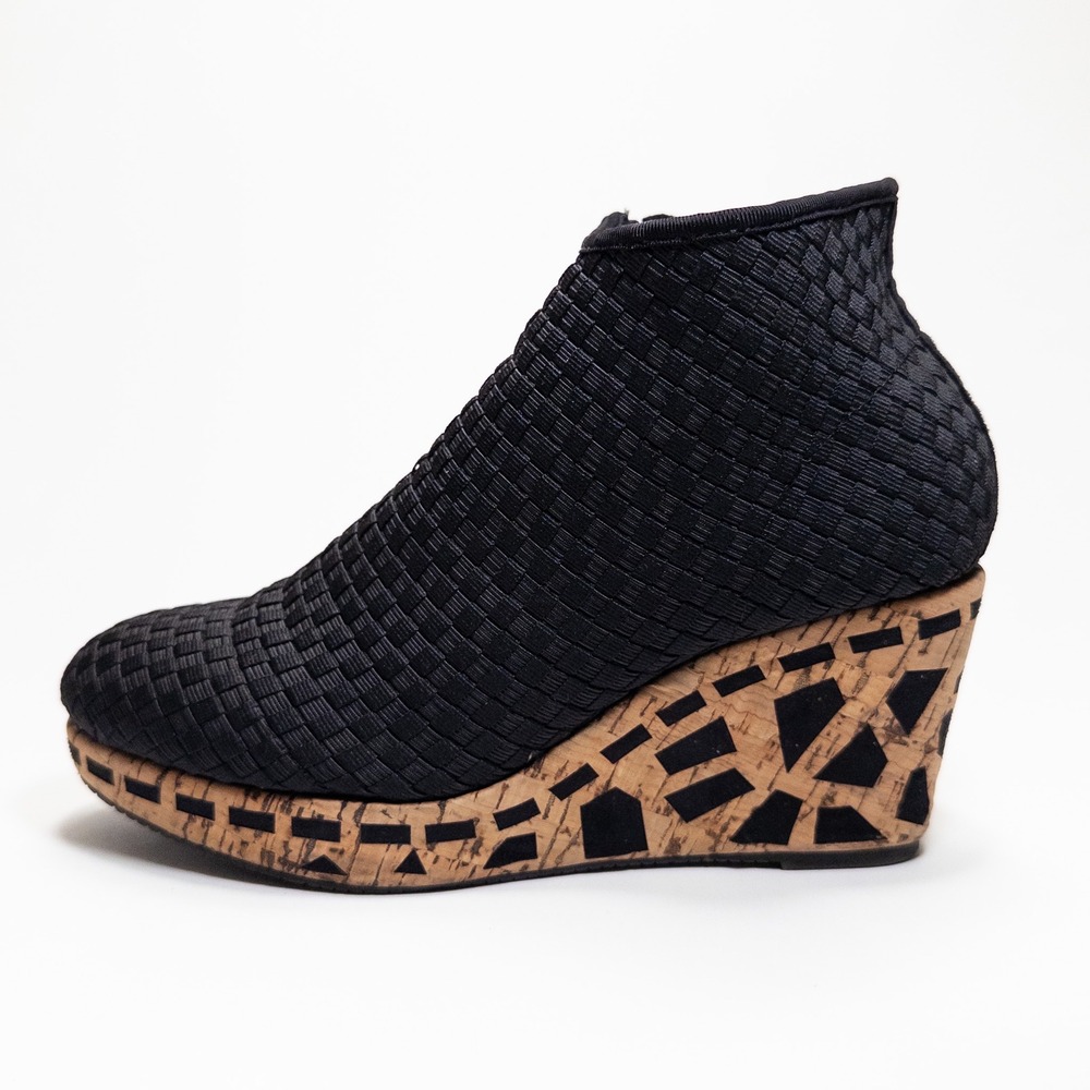 Zee Alexis‎ Black Woven Wedge Bootie Chelsea Ankle Boots Cork Heel Women's 37 EU